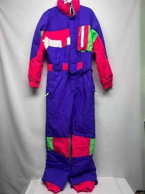 Retro Colorblock One-Piece Ski Suit - Purple, Pink, Green, White mens medium